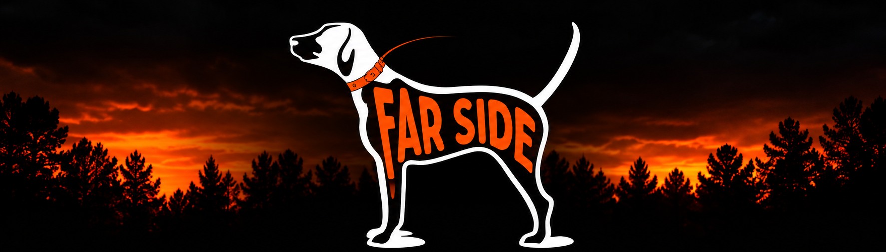 Farside hound logo against an orange sunset and pine trees
